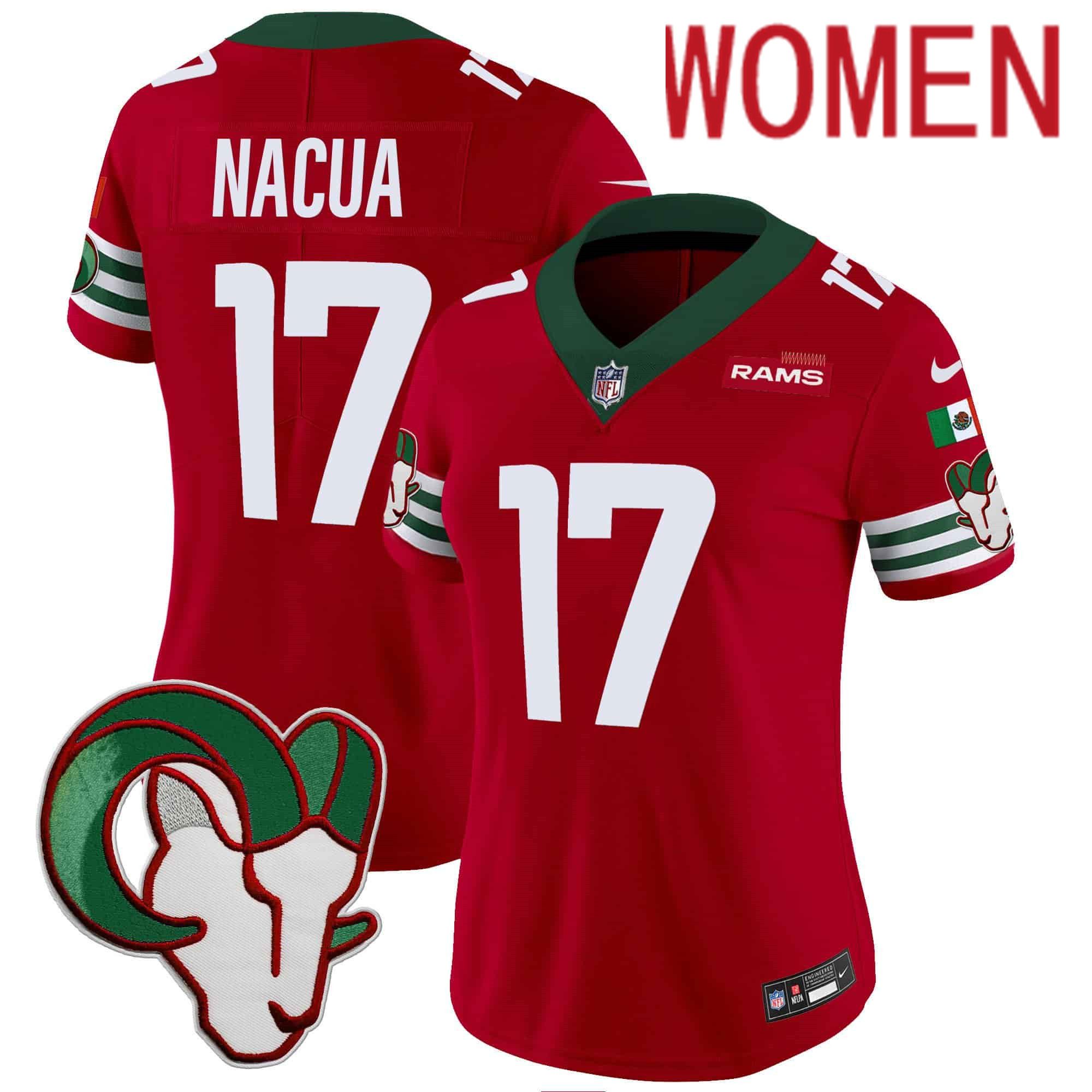 Women Los Angeles Rams #17 Nacua Red 2024 Nike Mexico Vapor Limited NFL Jersey style 1